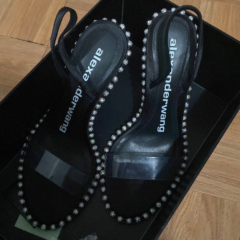 Alexander Wang Nova Crystal Heel in Black. Satin and PVC upper with leather sole
